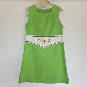 Vtg 60's Mod Green Sleeveless Embroidered Floral Swing Dress Retro Sz 13 Junior